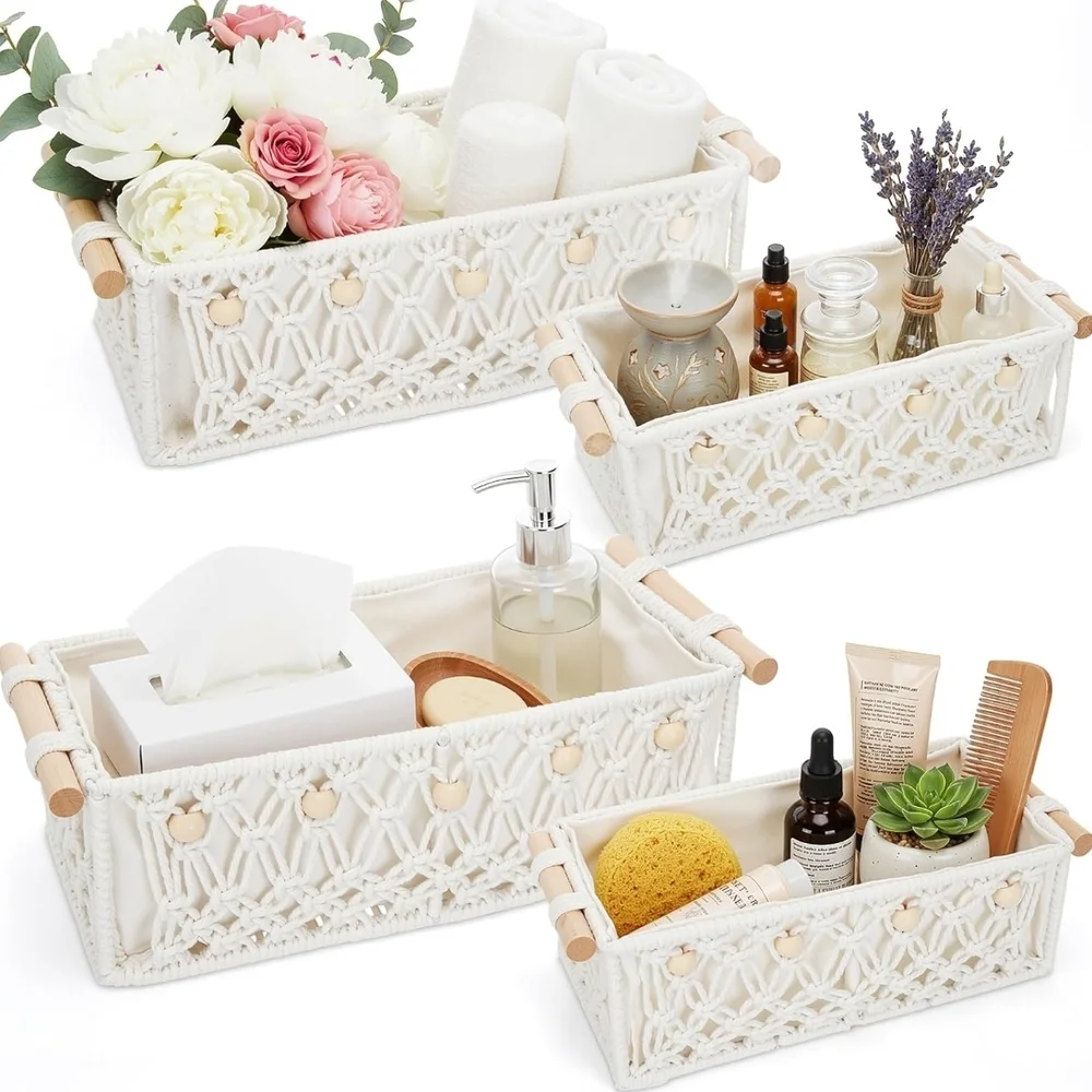 Macrame Bathroom Storage Baskets - Cream